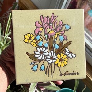 Vtg 80s CleoTeissedre 6" x 6" Handpainted Floral Flowers Ceramic Tile Trivet